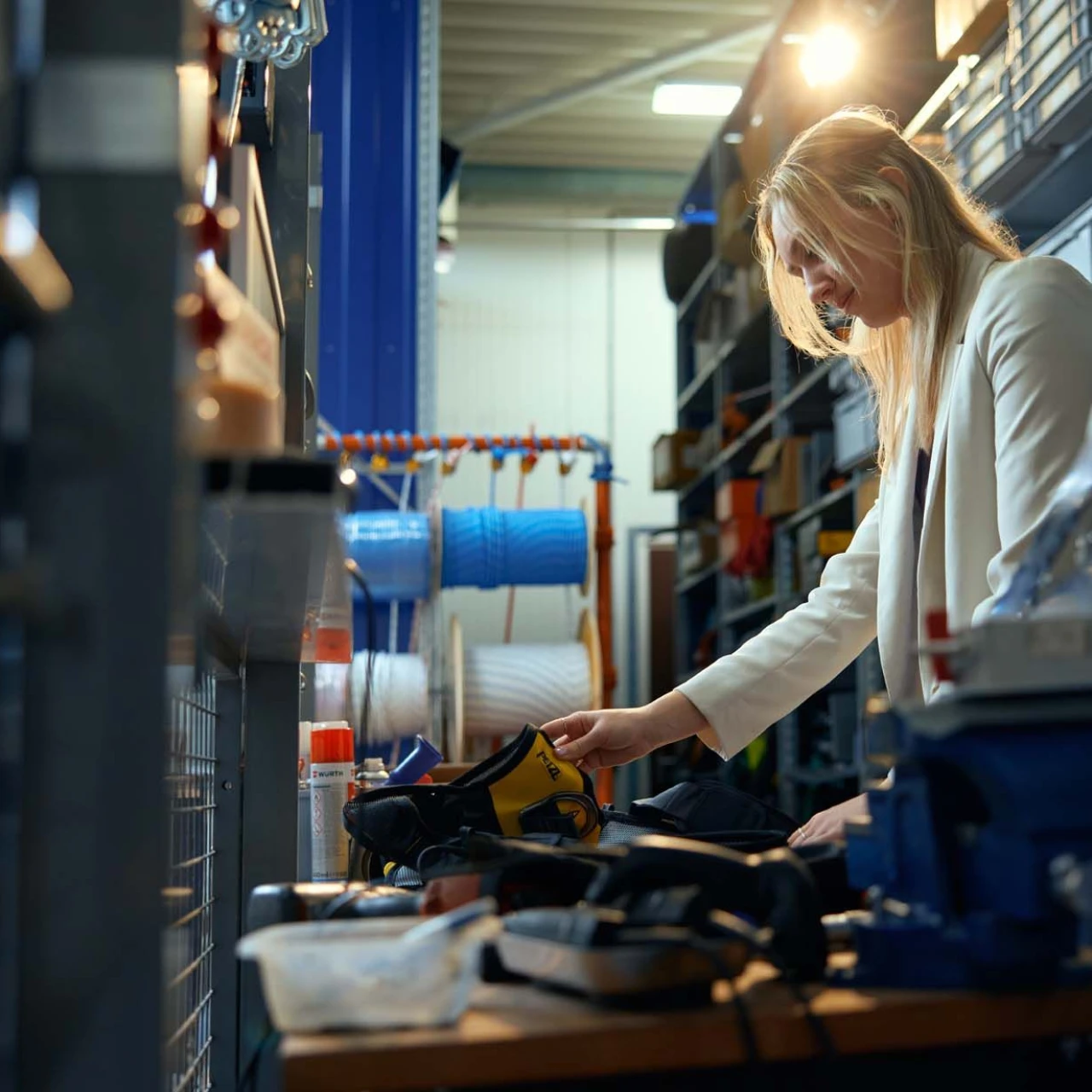 vrouw in magazijn met veiligheidsproducten