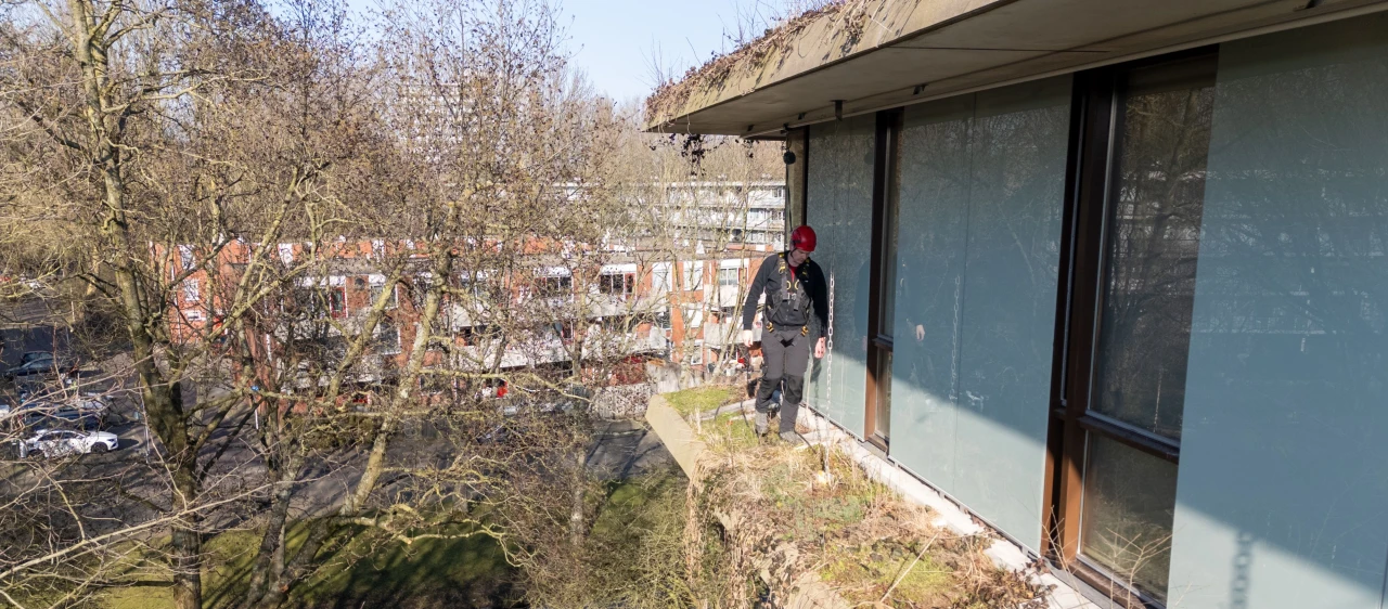 Man loopt bij een reling naast een raam in de groenvoorziening. Deze man is aangelijnd met een harnas, helm.