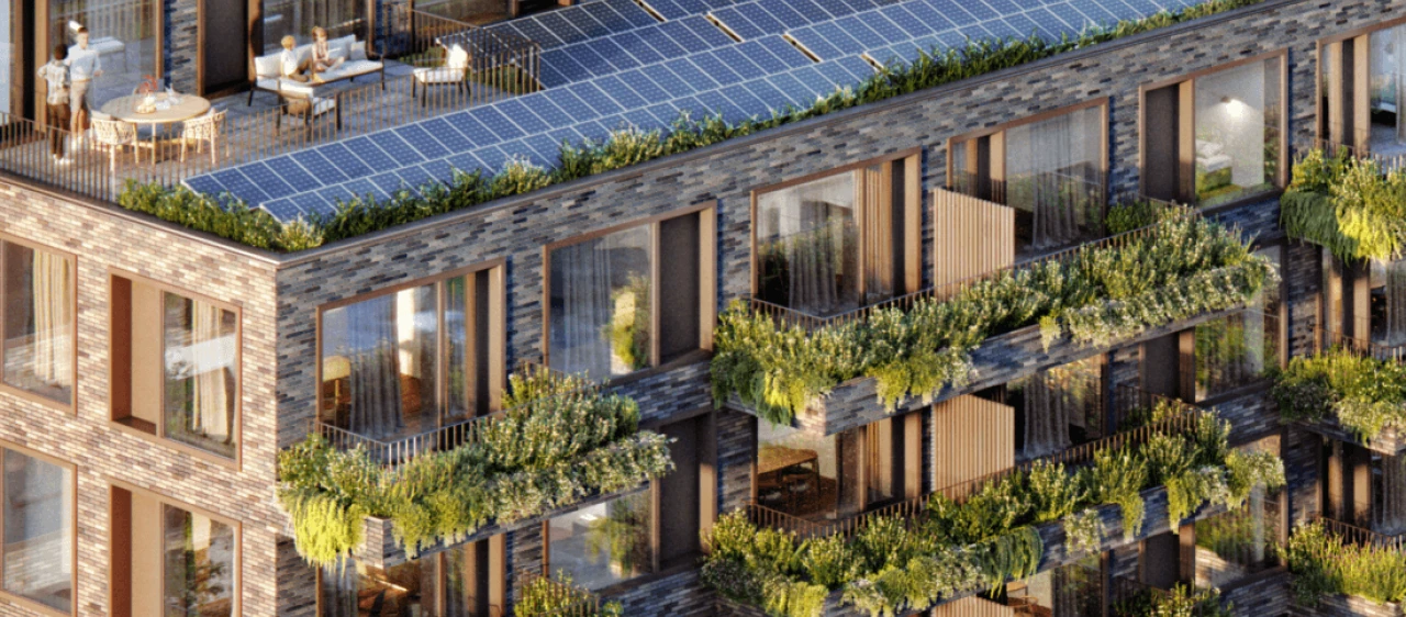 Een 3d tekening van een appartementencomplex met groenvoorziening bij de balkons