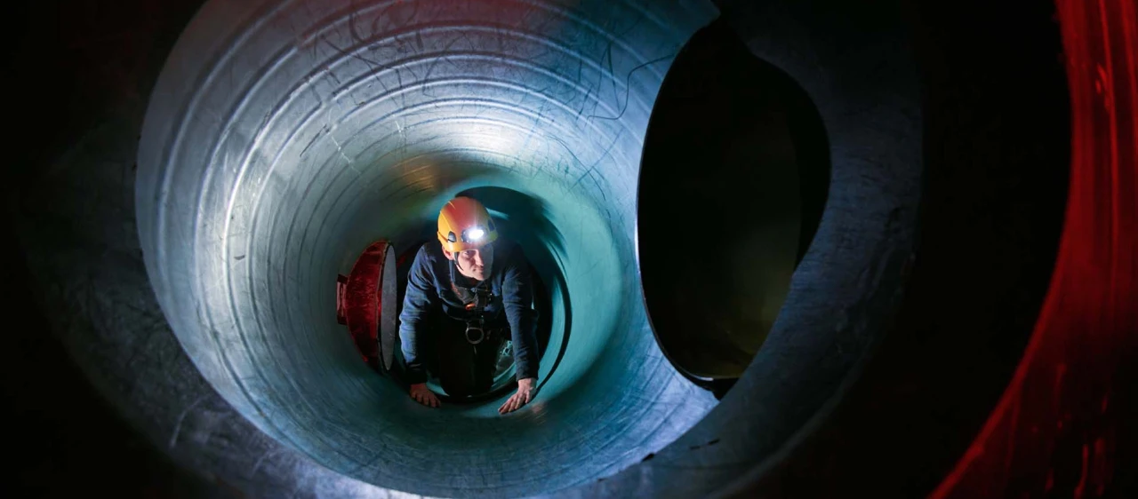 man met helm en lamp in besloten ruimte