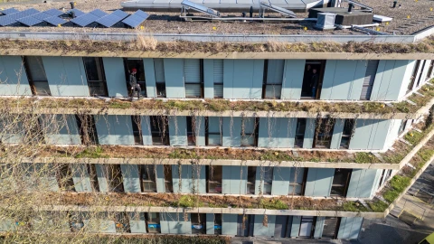 een man die loopt over groenvoorziening naast een gevel